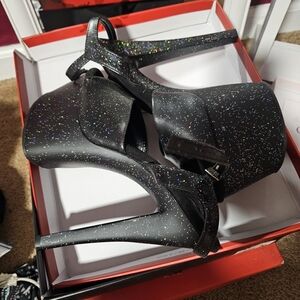 PLEASER Black Glitter Platform Heels